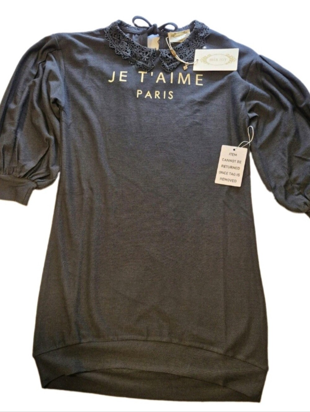 NWT Girls mia JOY Gray Oversize Sweatshirt Dress 3/4 Sleeve Lace Collar Sku750